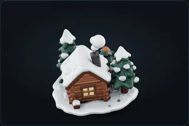 A snowy log cabin between two pine trees, a 3D model Manifold made